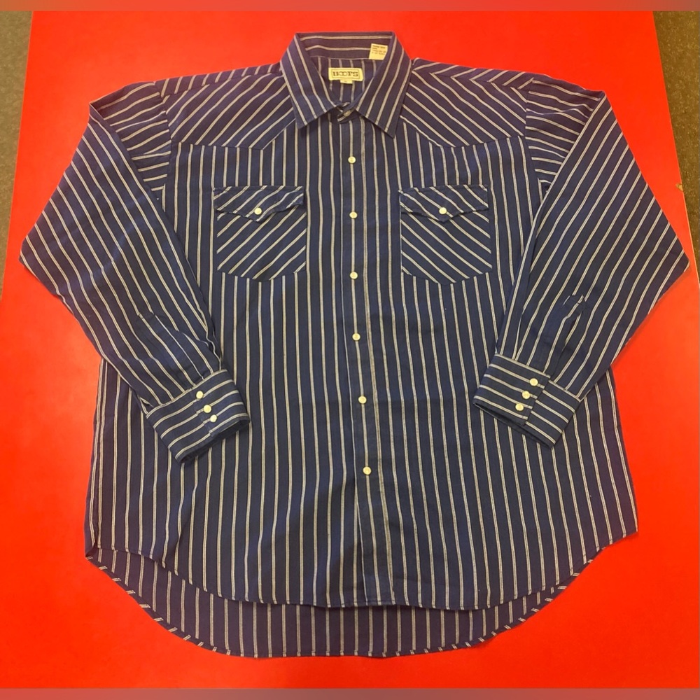 Vintage Hoofs Pearl Snap Button Up Shirt Western Cowboy Blue White Striped XL